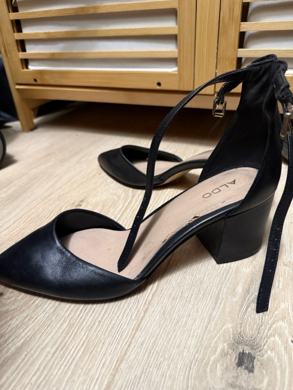 Aldo Black Pointed-Toe Block Heel Ankle-Strap Pumps